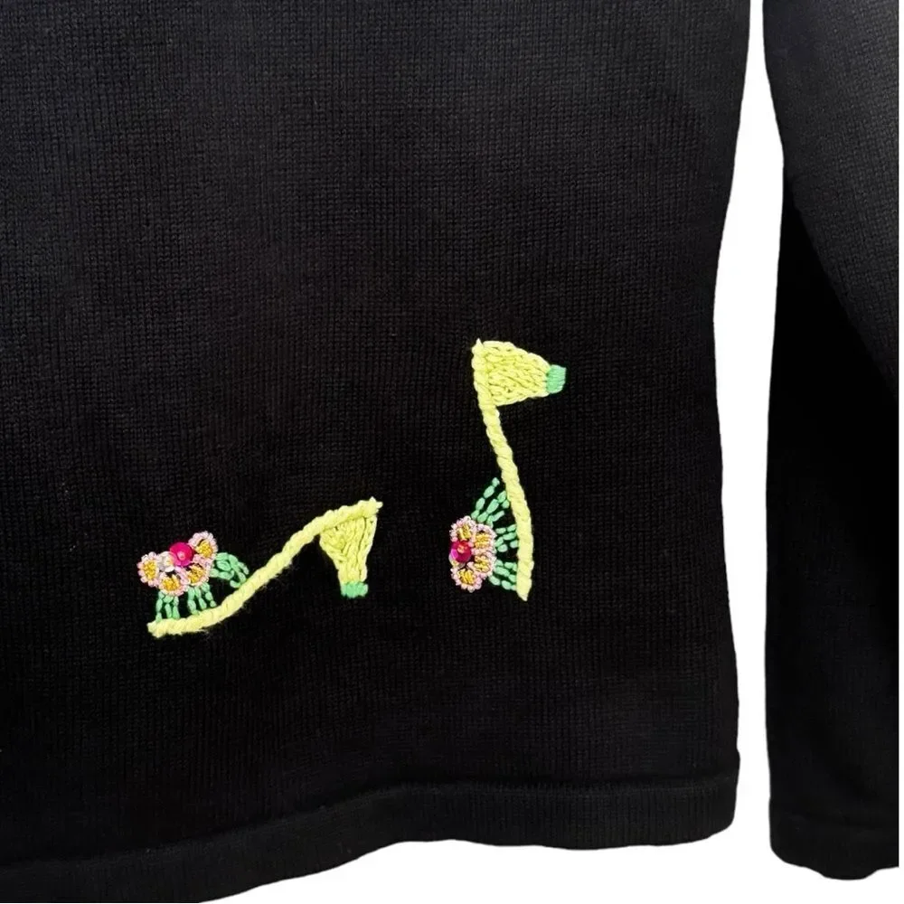 Talbots Petites Vintage Embroidered Shoes Heels Novelty Cardigan Sweater. Small.